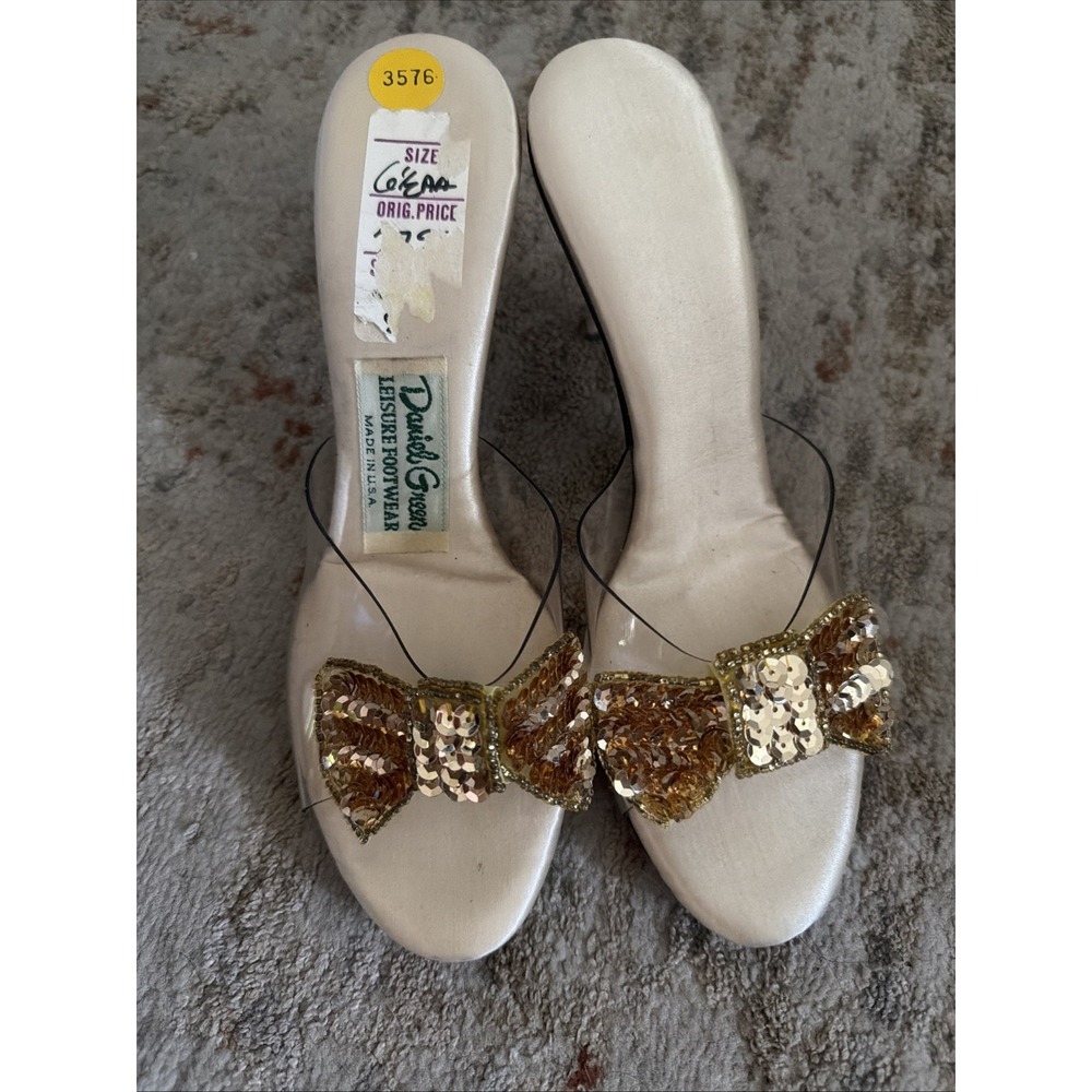 Vintage DANIEL GREEN Satin Shoes Gold Boudoir Slippers 1950s Bow Clear 6.5